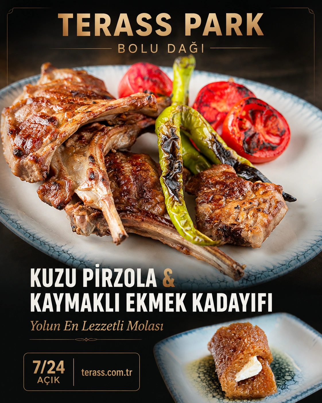 Terass Park Bolu Dağı kuzu pirzola kaymaklı ekmek kadayıfı et mangal 7/24 açık